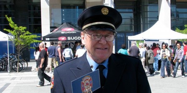 Vancouver Fire and Rescue Services Training Chief Brian (Ret.), trumpet player, preparing for an official City of Vancouver event. May 2010.